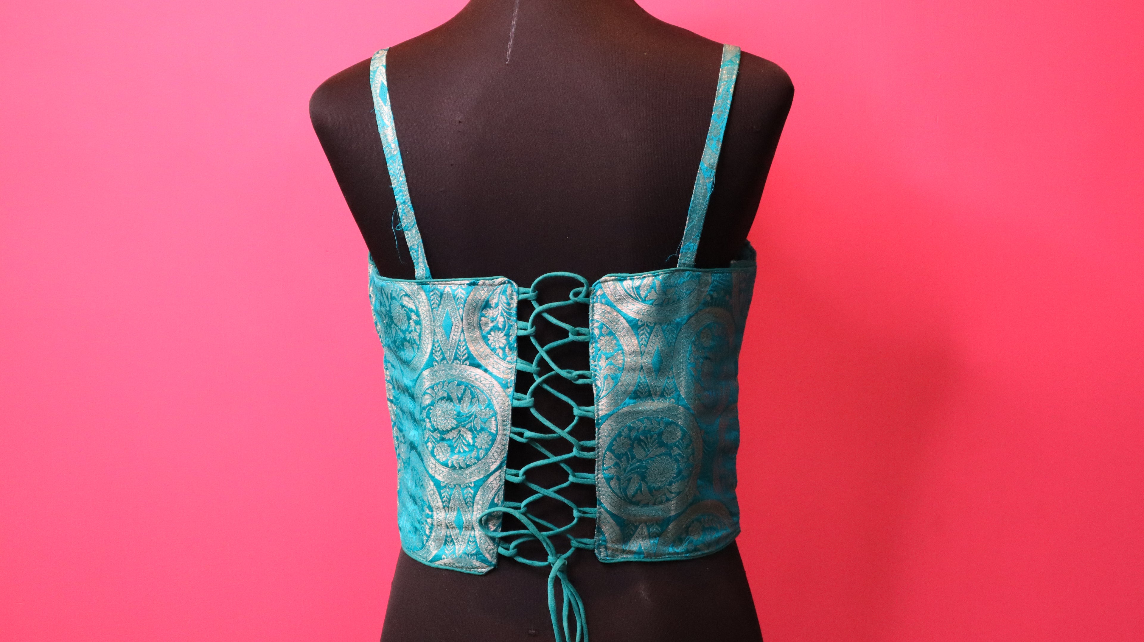 Turquoise Brocade Corset Style Designer Blouse for Women