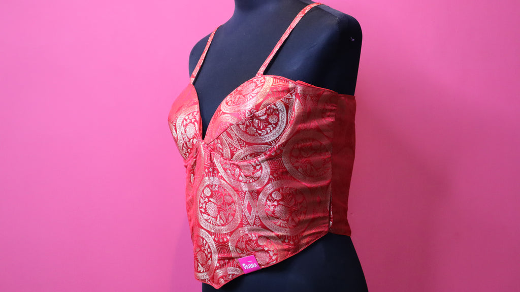Red Brocade Sleeveless Designer Blouse for Women