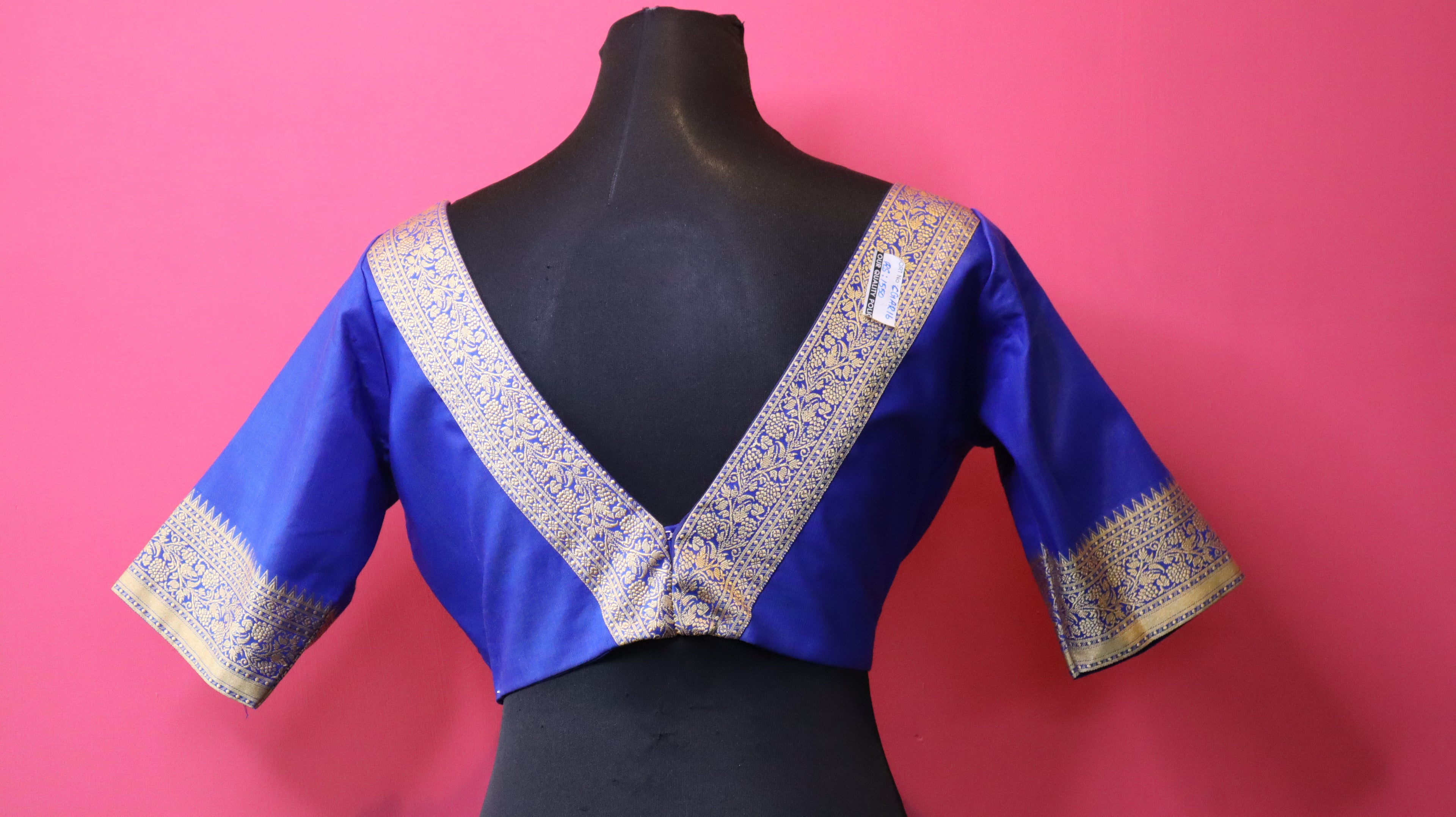 Women's Royal Blue Deep V-Back Designer Blouse with Golden Border