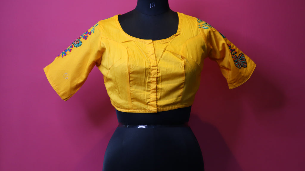 Mustard Yellow Butterfly Embroidered Saree Blouse for Women