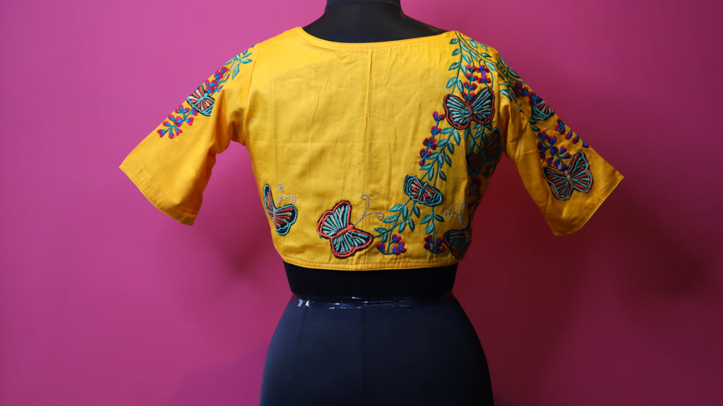 Mustard Yellow Butterfly Embroidered Saree Blouse for Women