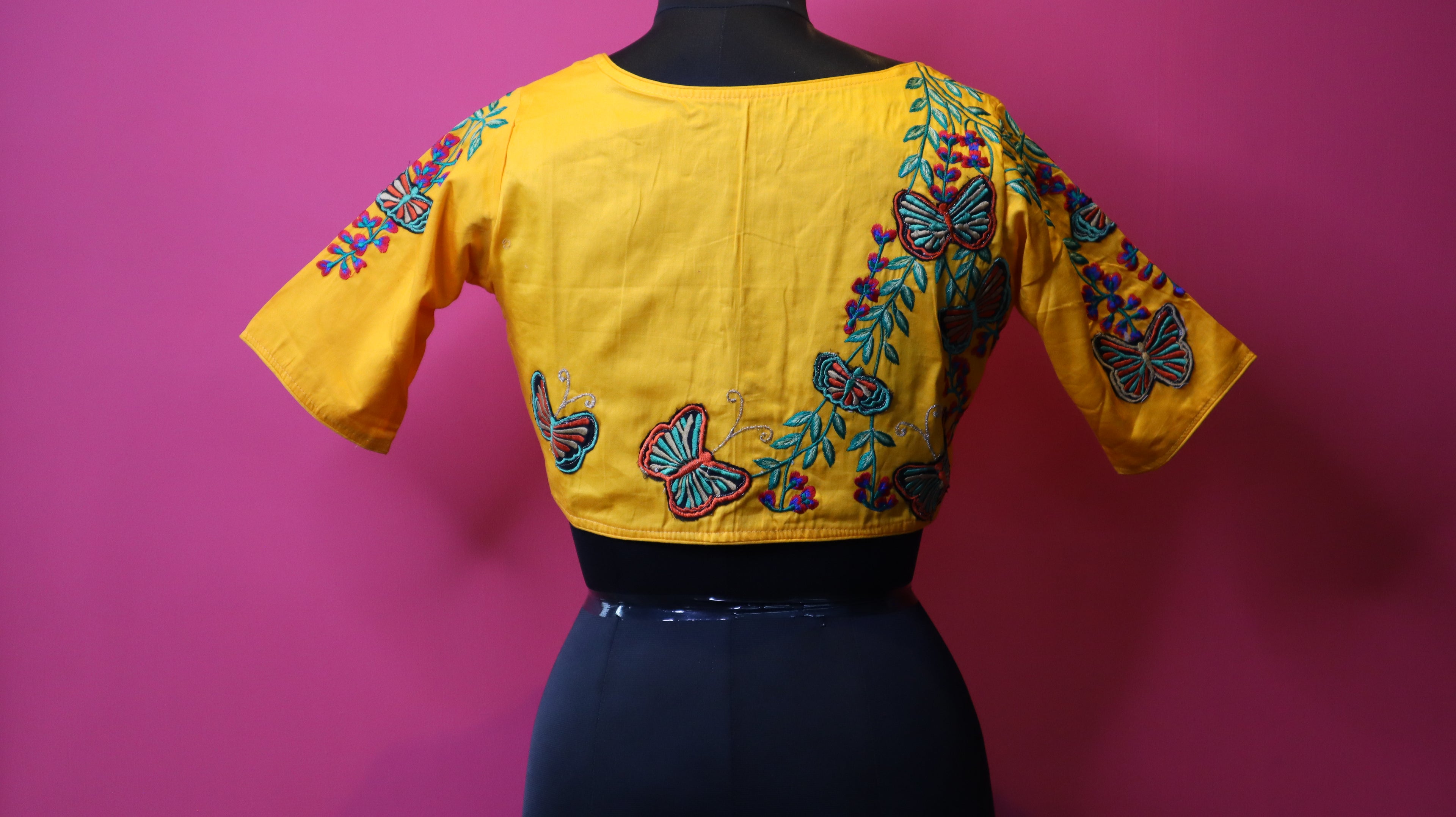 Mustard Yellow Butterfly Embroidered Saree Blouse for Women