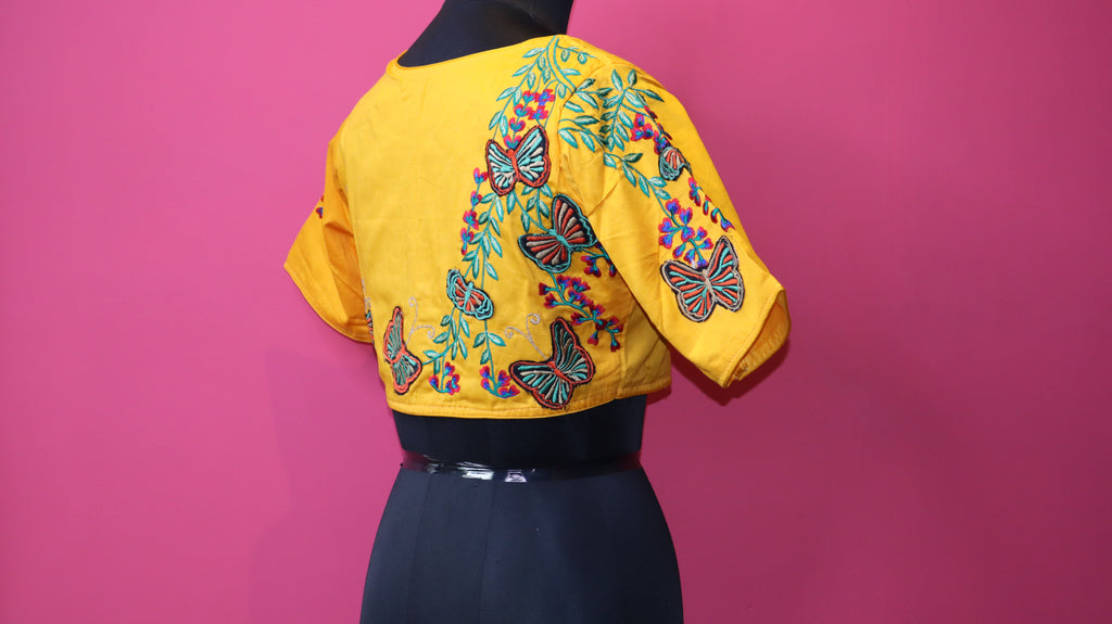 Mustard Yellow Butterfly Embroidered Saree Blouse for Women