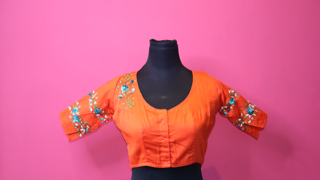 Orange Floral Embroidered Saree Blouse for Women