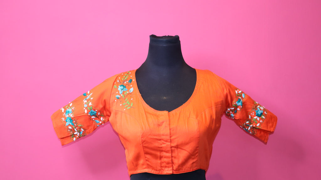 Orange Floral Embroidered Saree Blouse for Women