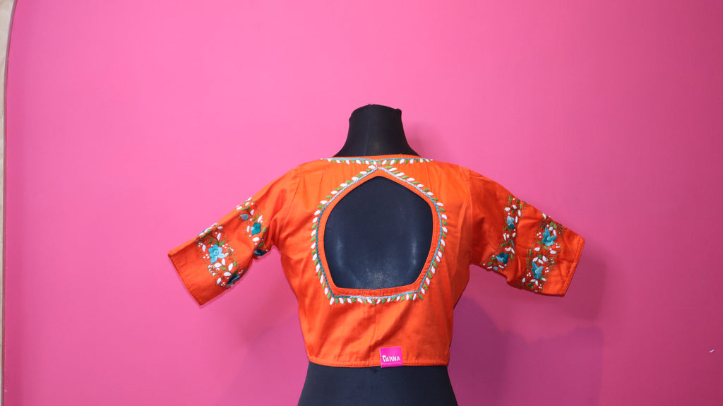 Orange Floral Embroidered Saree Blouse for Women