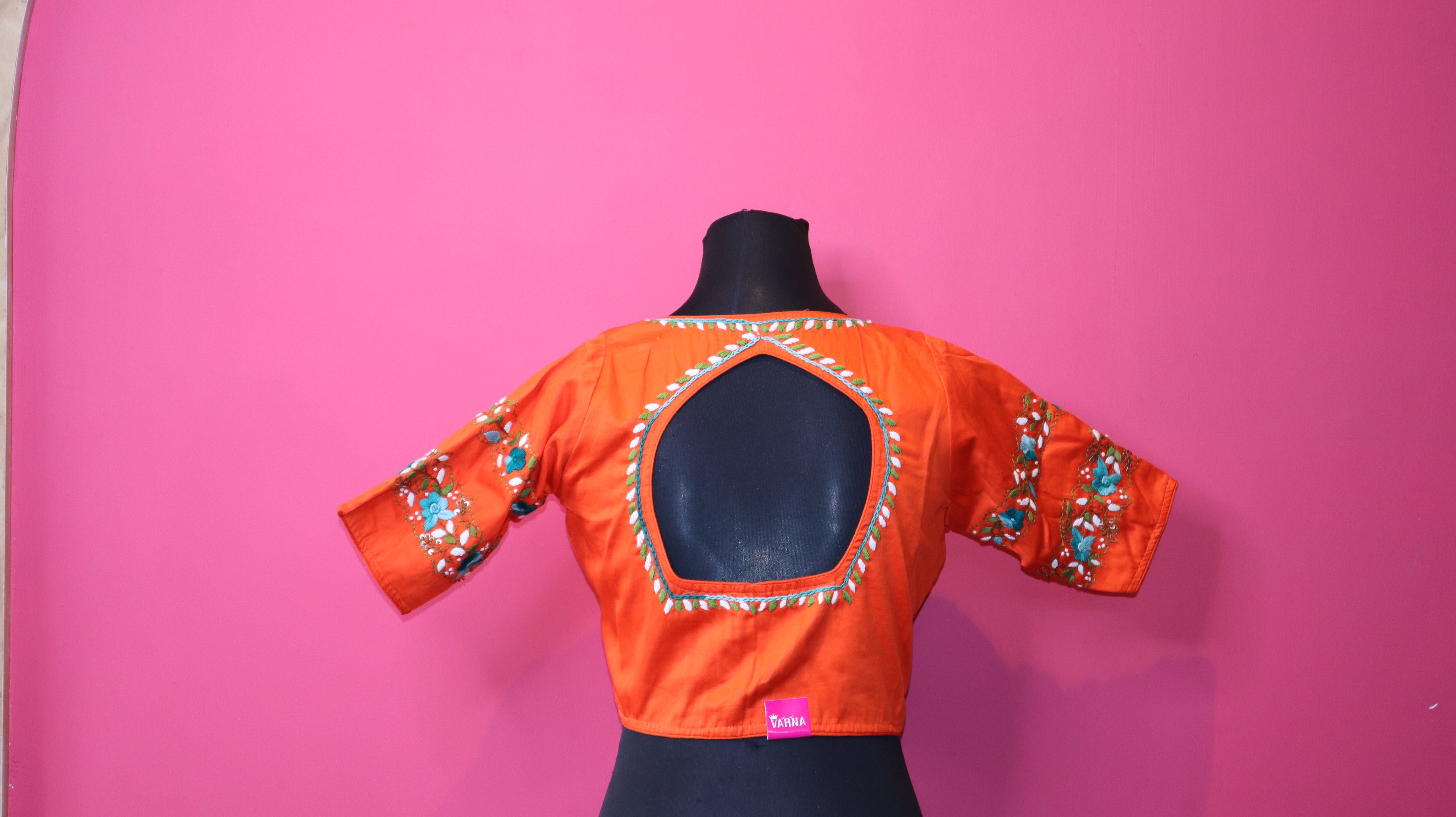 Orange Floral Embroidered Saree Blouse for Women
