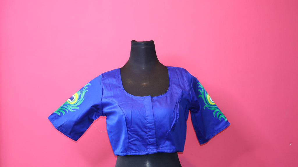 Royal Blue Hand-Painted Radha-Krishna Saree Blouse