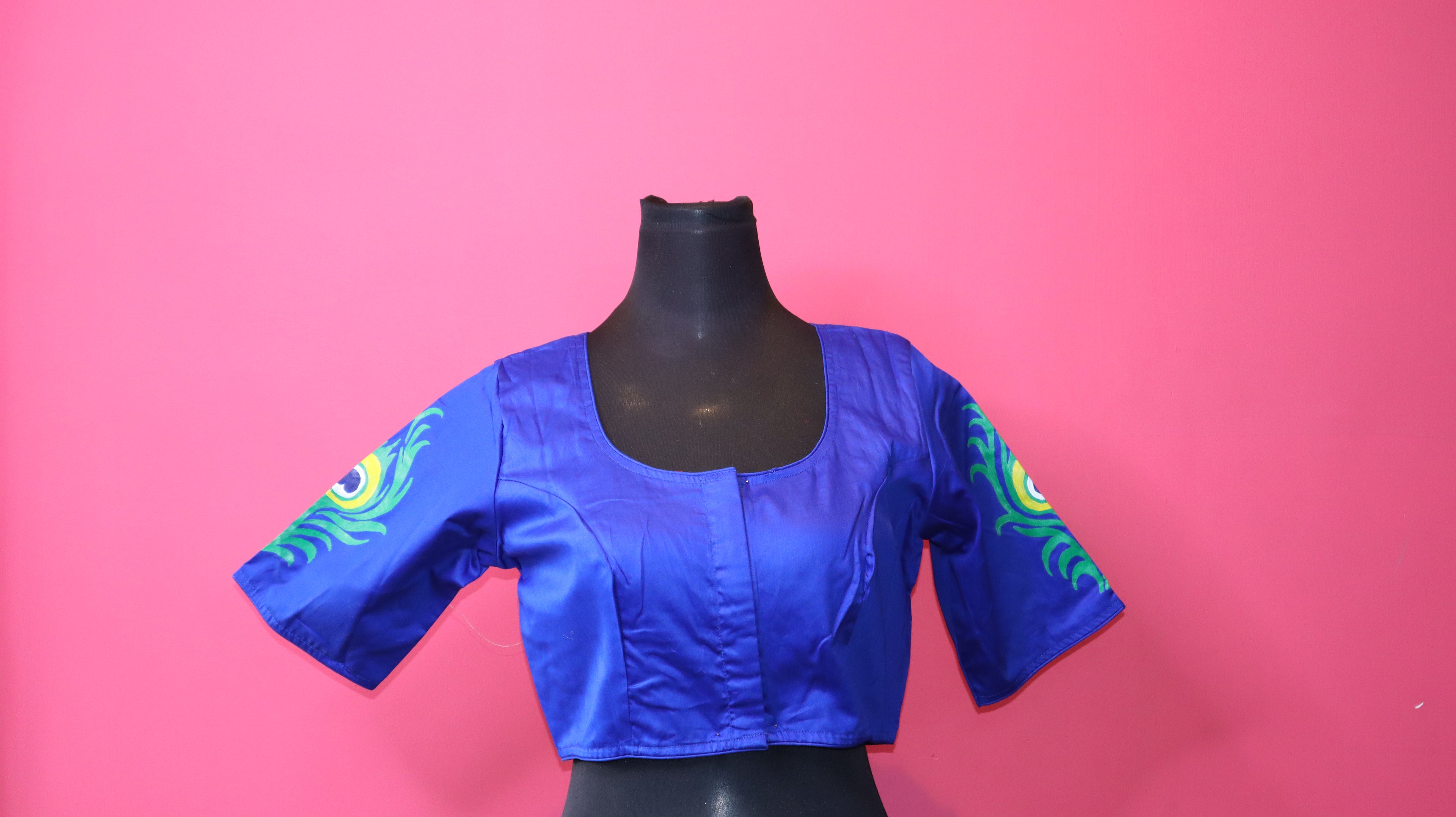 Royal Blue Hand-Painted Radha-Krishna Saree Blouse