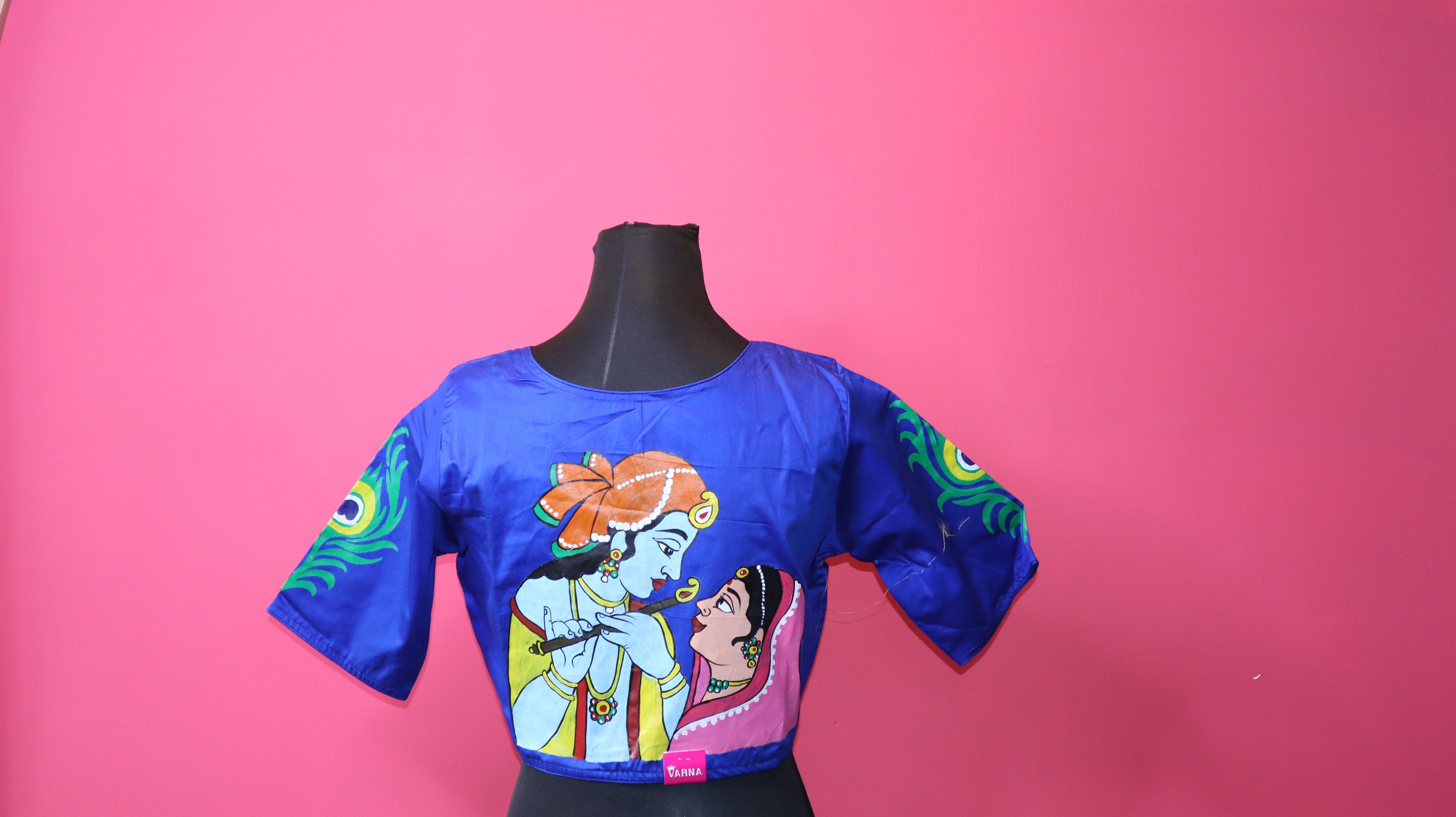 Royal Blue Hand-Painted Radha-Krishna Saree Blouse