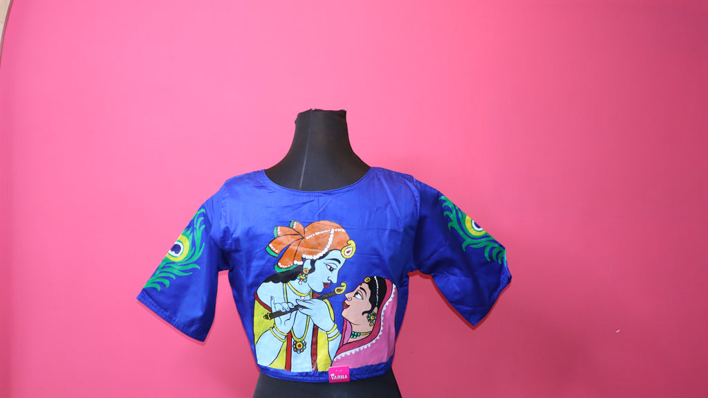 Royal Blue Hand-Painted Radha-Krishna Saree Blouse