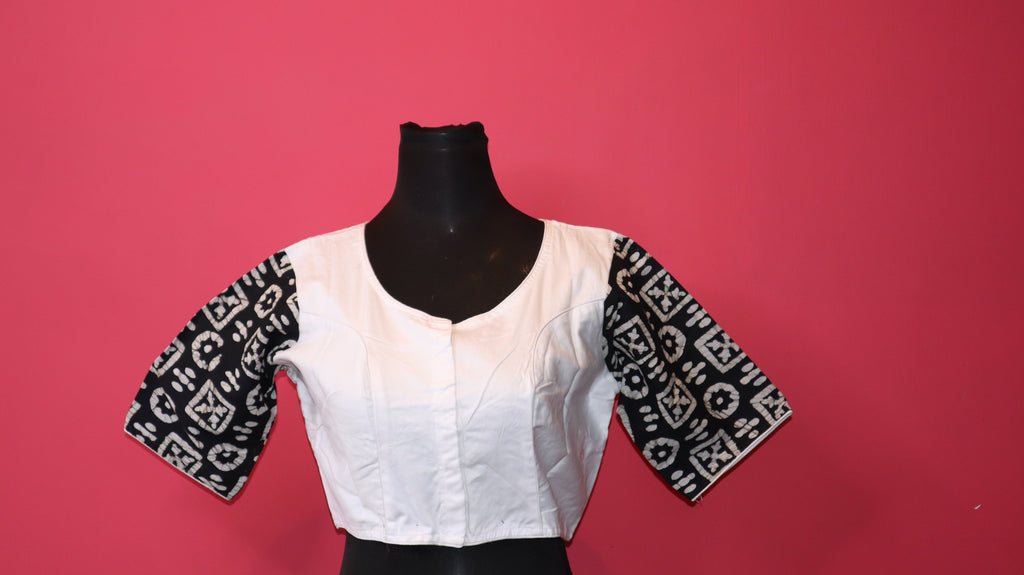 White Saree Blouse with Black Printed Sleeves