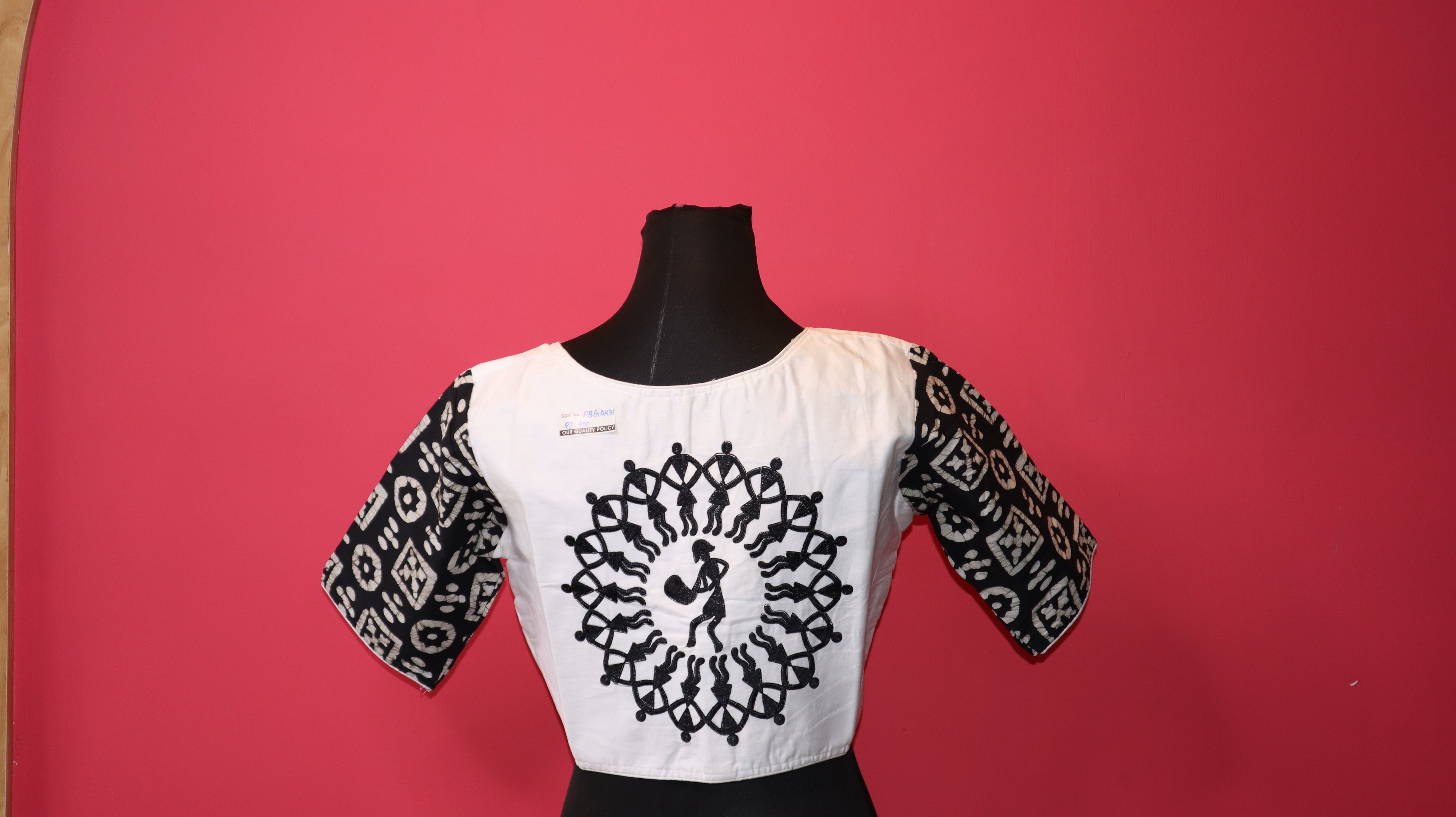 White Saree Blouse with Black Printed Sleeves