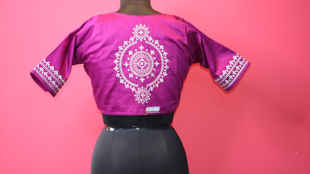 Women's Magenta Embroidered Designer Saree Blouse with Traditional Motif