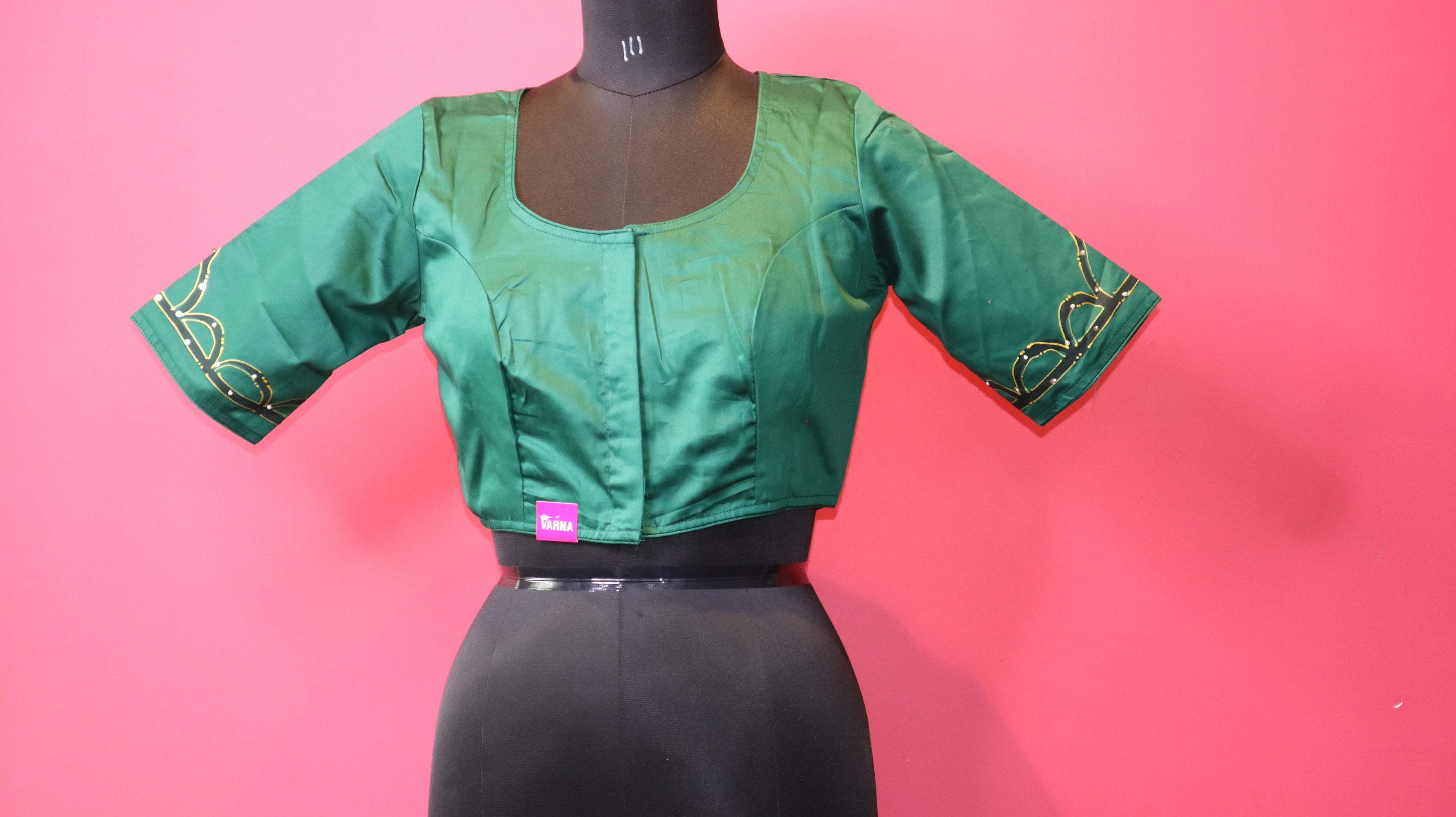 Women's Emerald Green Designer Saree Blouse with Minimal Sleeve Embellishment