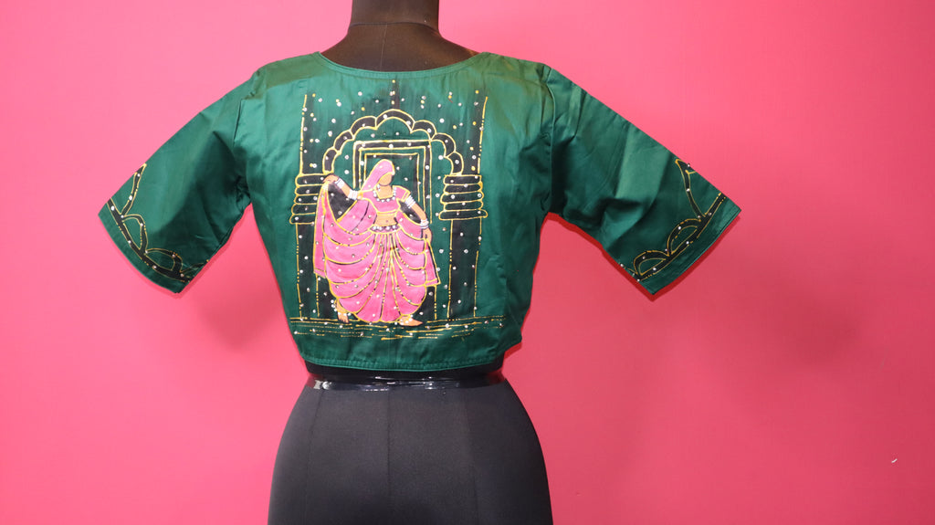 Women's Emerald Green Designer Saree Blouse with Minimal Sleeve Embellishment