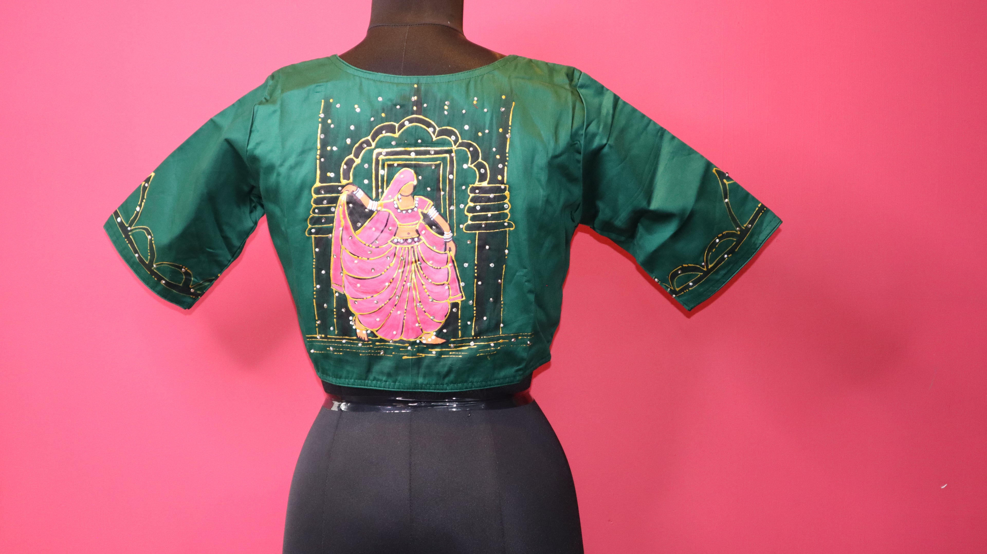 Women's Emerald Green Designer Saree Blouse with Minimal Sleeve Embellishment