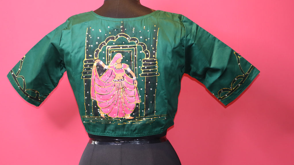Women's Emerald Green Designer Saree Blouse with Minimal Sleeve Embellishment