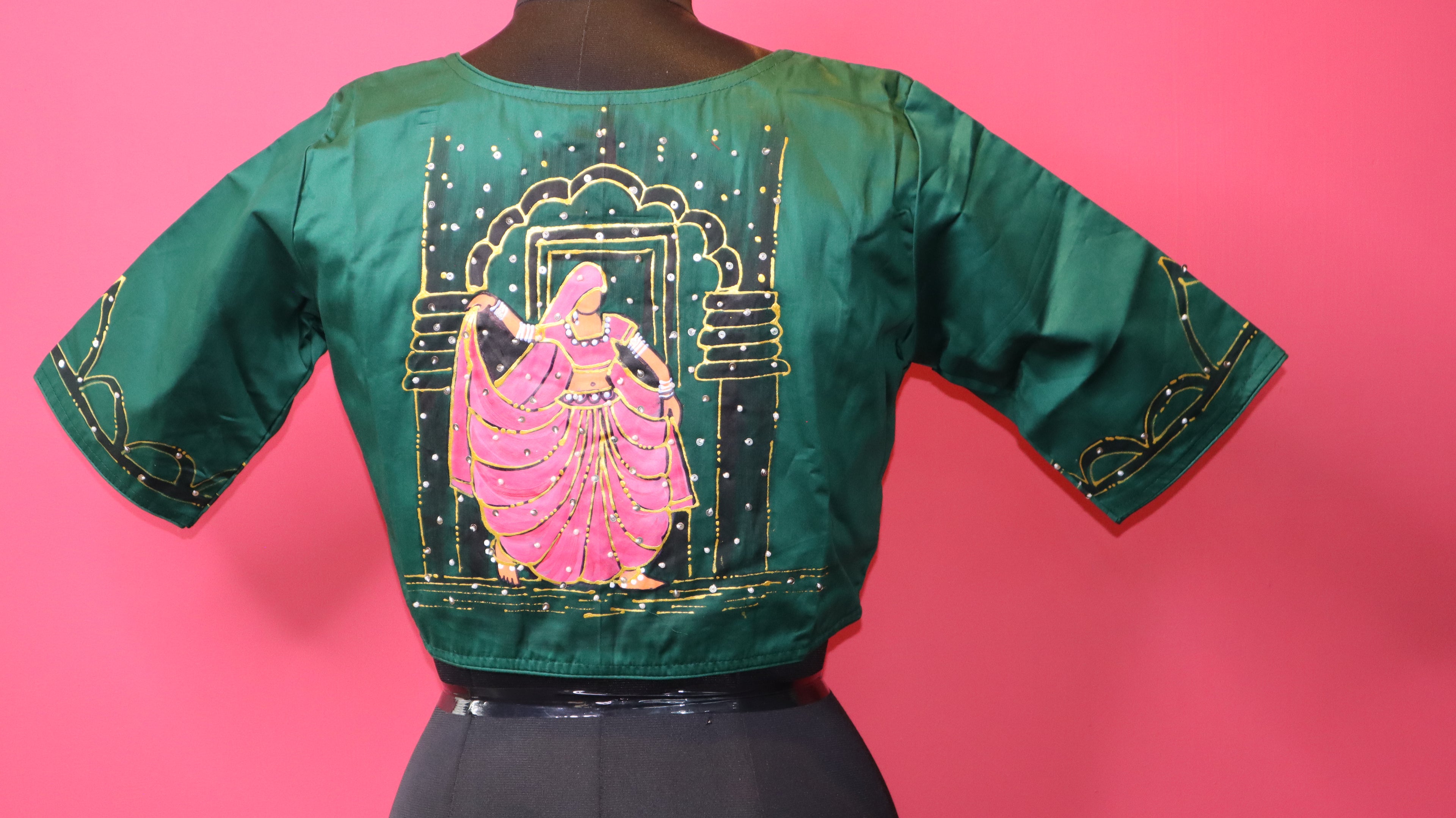Women's Emerald Green Designer Saree Blouse with Minimal Sleeve Embellishment