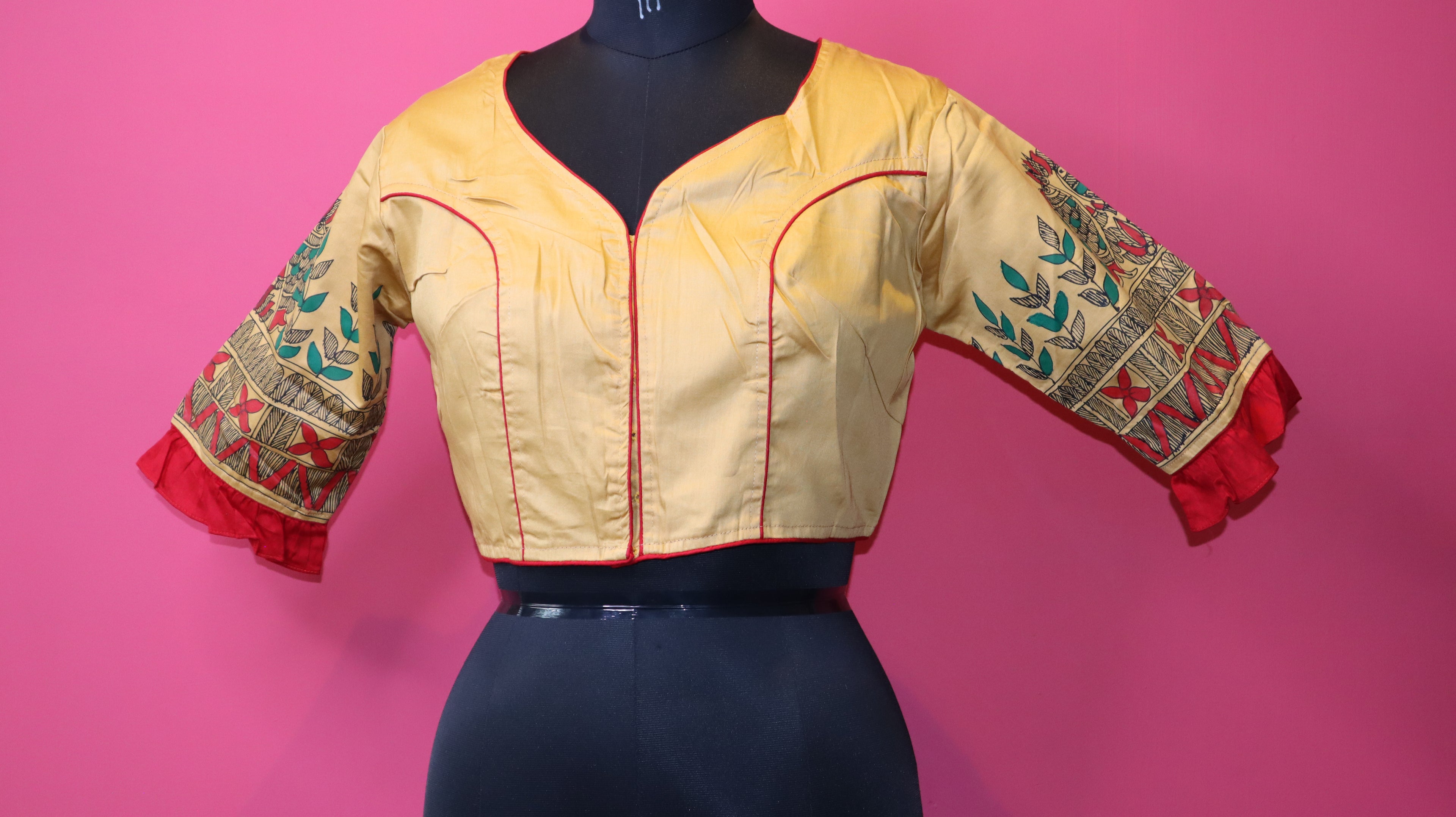 Women's Mustard Yellow Printed Designer Saree Blouse with Ruffle Sleeves