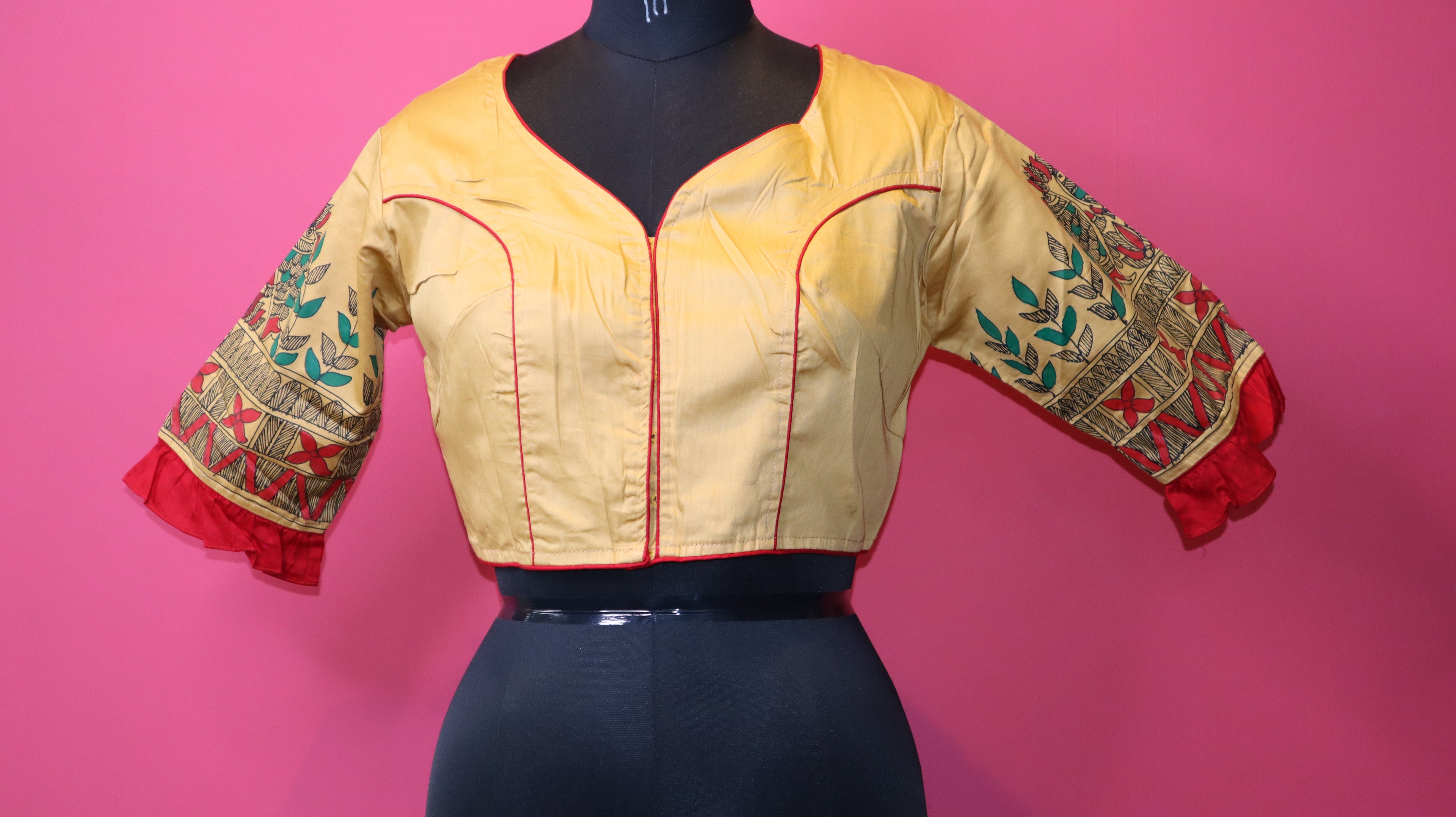 Women's Mustard Yellow Printed Designer Saree Blouse with Ruffle Sleeves