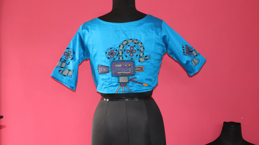 Women's Sky Blue Embroidered Vintage Camera Designer Saree Blouse