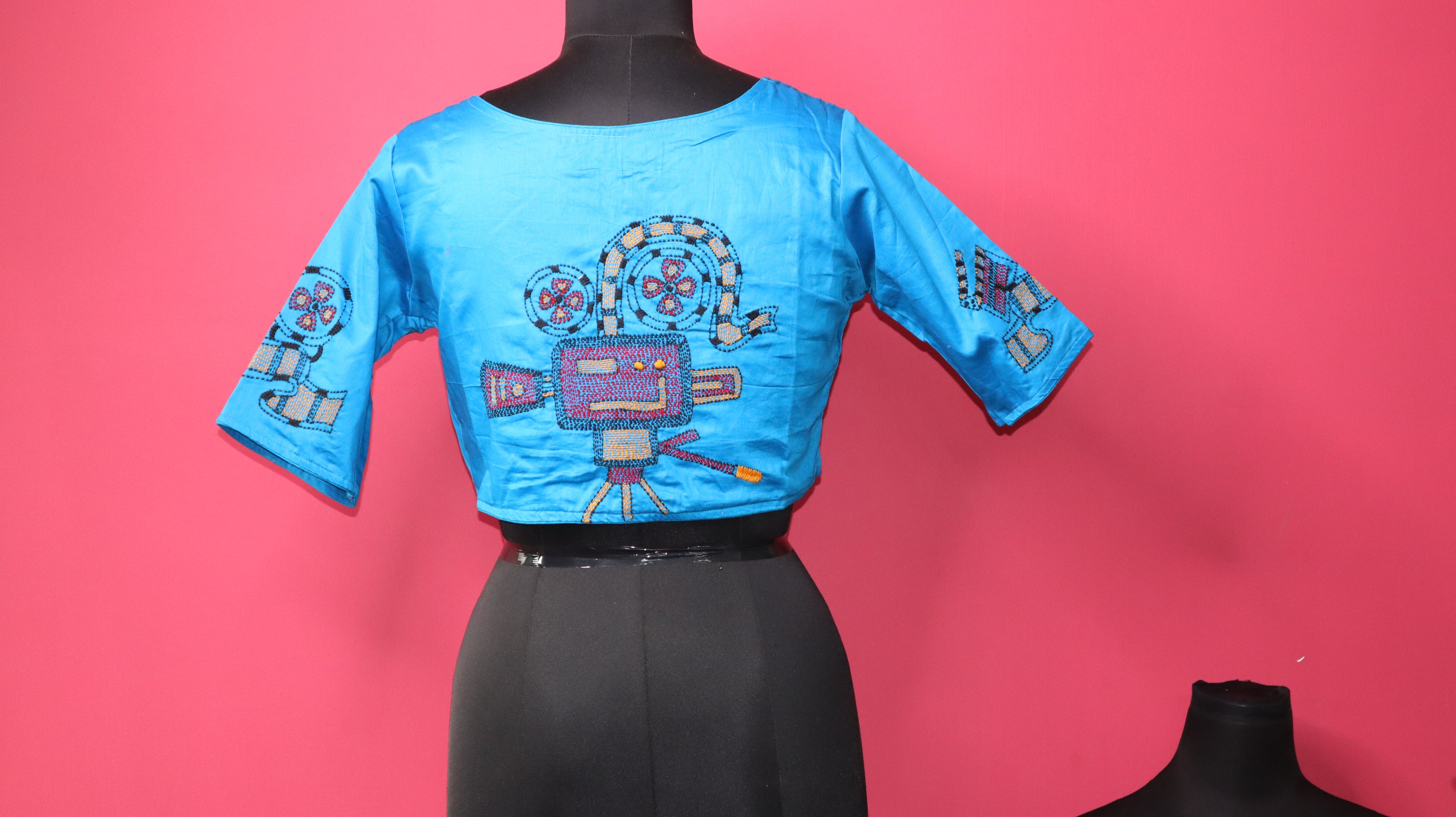 Women's Sky Blue Embroidered Vintage Camera Designer Saree Blouse