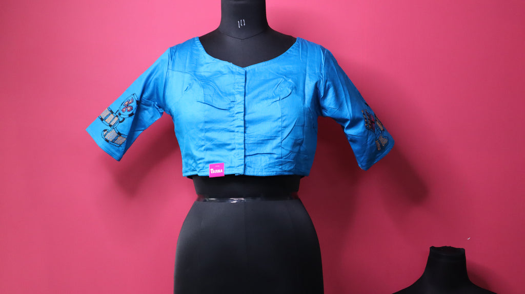 Women's Sky Blue Embroidered Vintage Camera Designer Saree Blouse