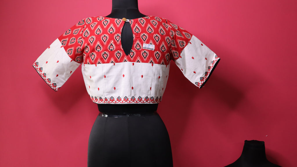 Women's Red and White Embroidered Designer Saree Blouse