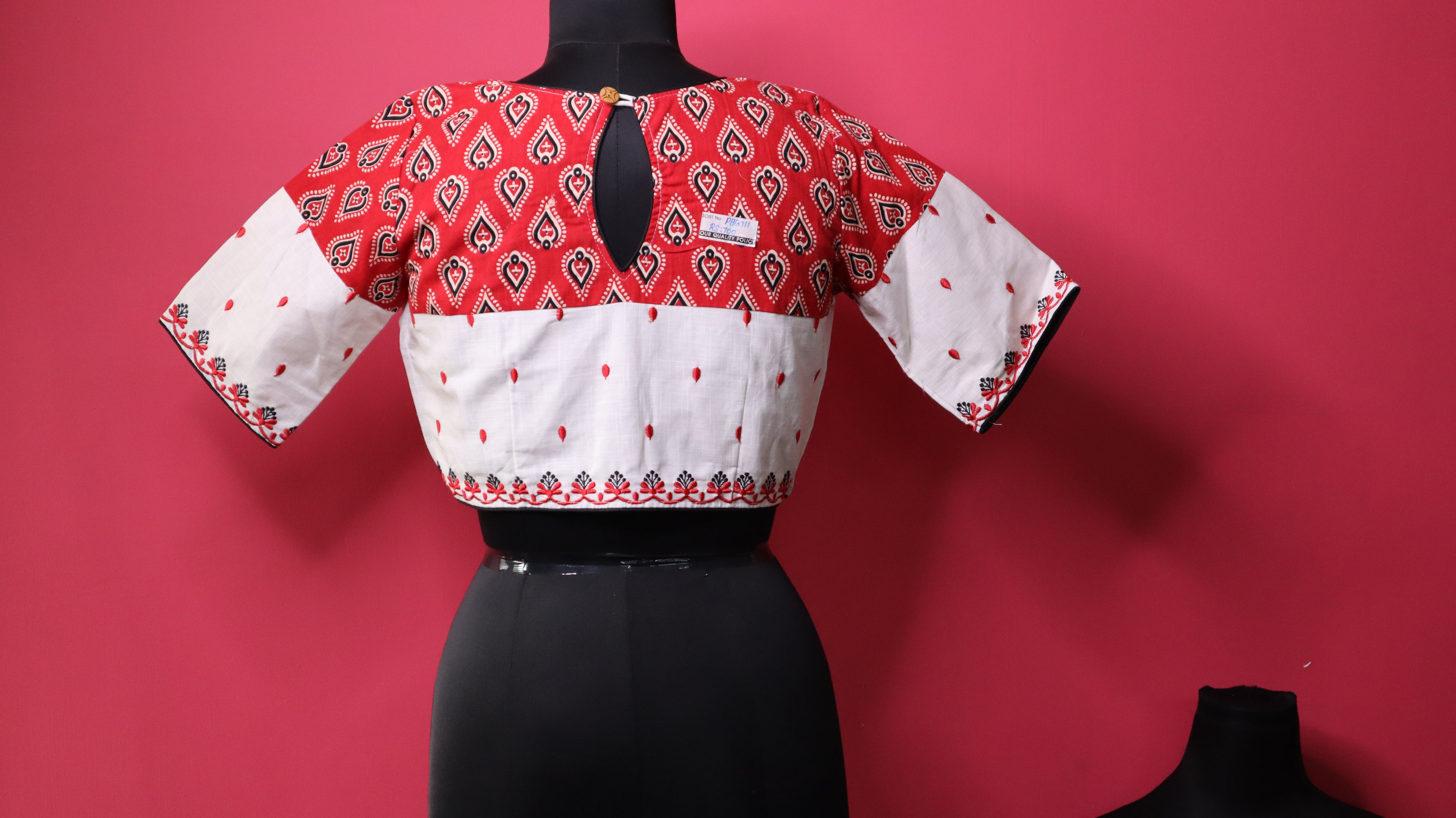 Women's Red and White Embroidered Designer Saree Blouse