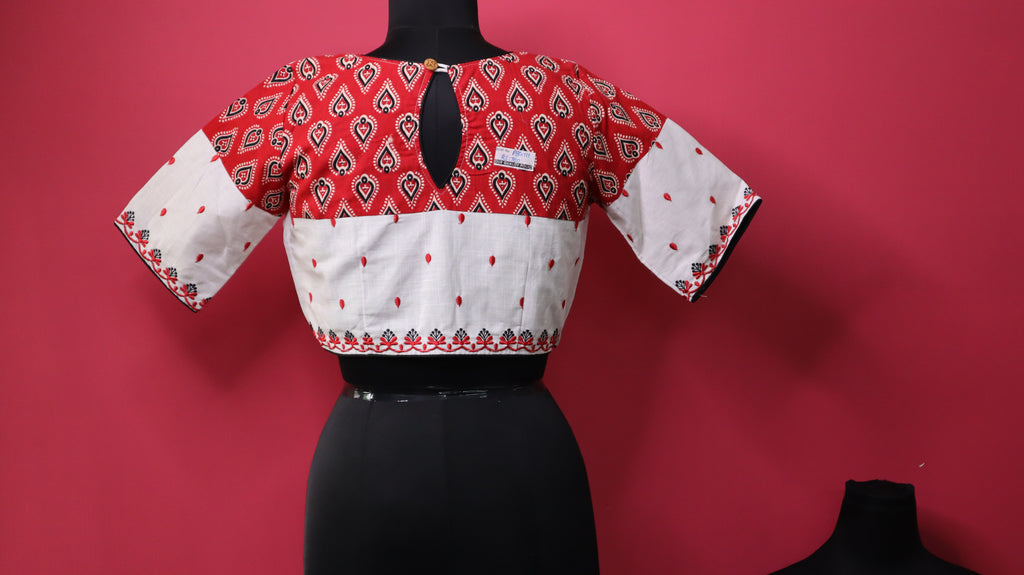 Women's Red and White Embroidered Designer Saree Blouse