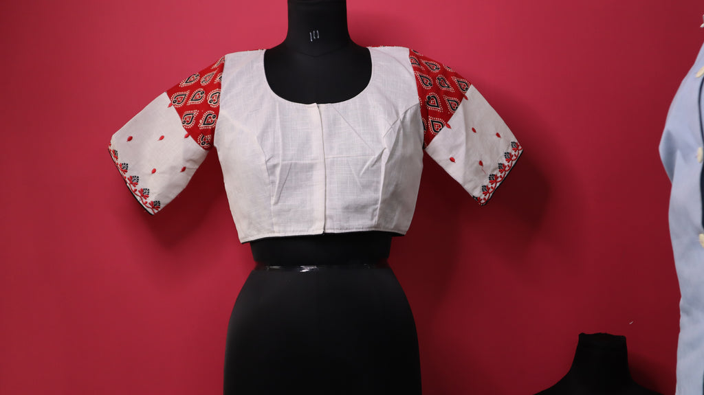 Women's Red and White Embroidered Designer Saree Blouse