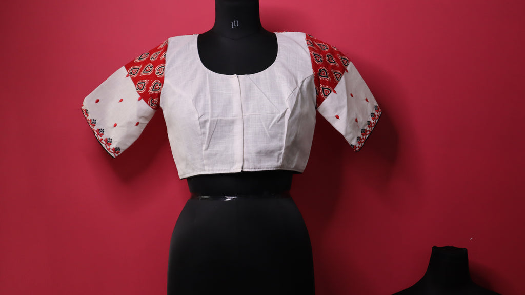 Women's Red and White Embroidered Designer Saree Blouse