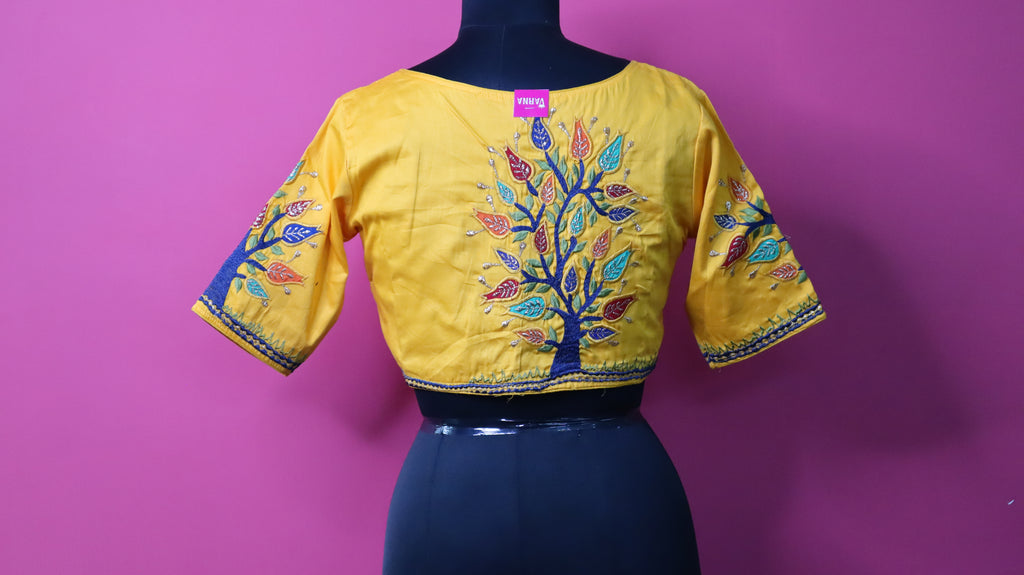 Yellow Tree of Life Embroidered Designer Saree Blouse for Women