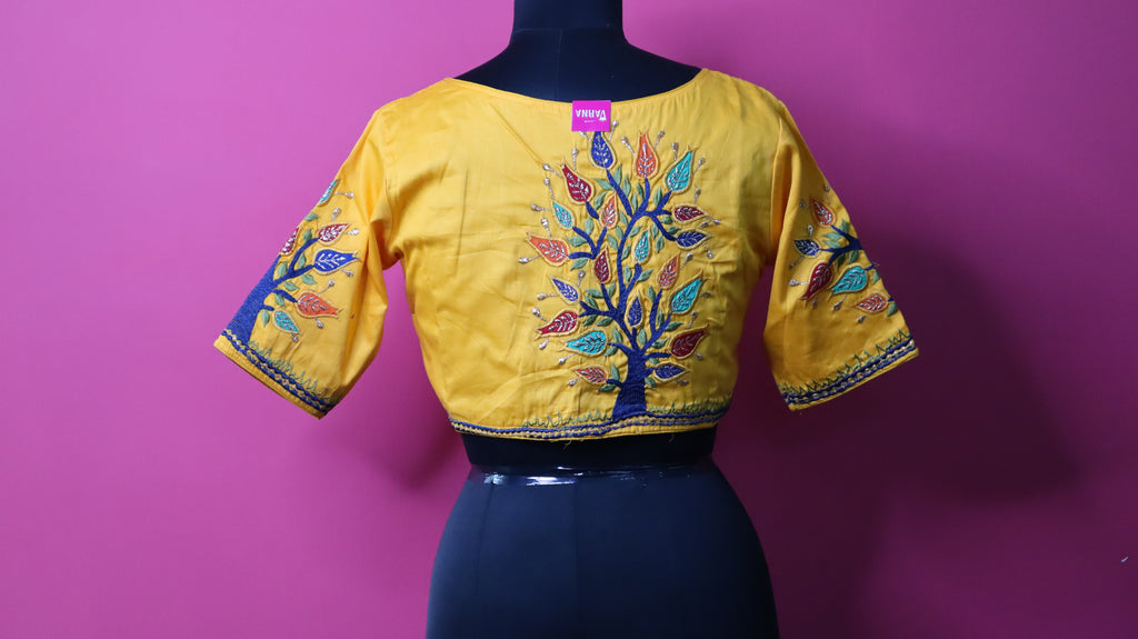 Yellow Tree of Life Embroidered Designer Saree Blouse for Women
