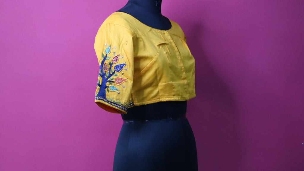 Yellow Tree of Life Embroidered Designer Saree Blouse for Women
