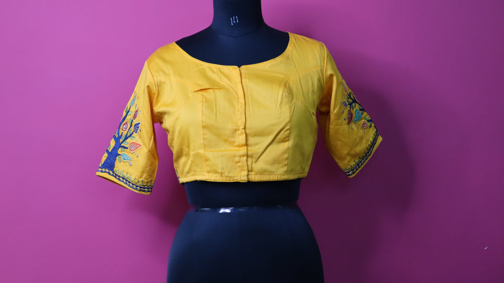 Yellow Tree of Life Embroidered Designer Saree Blouse for Women
