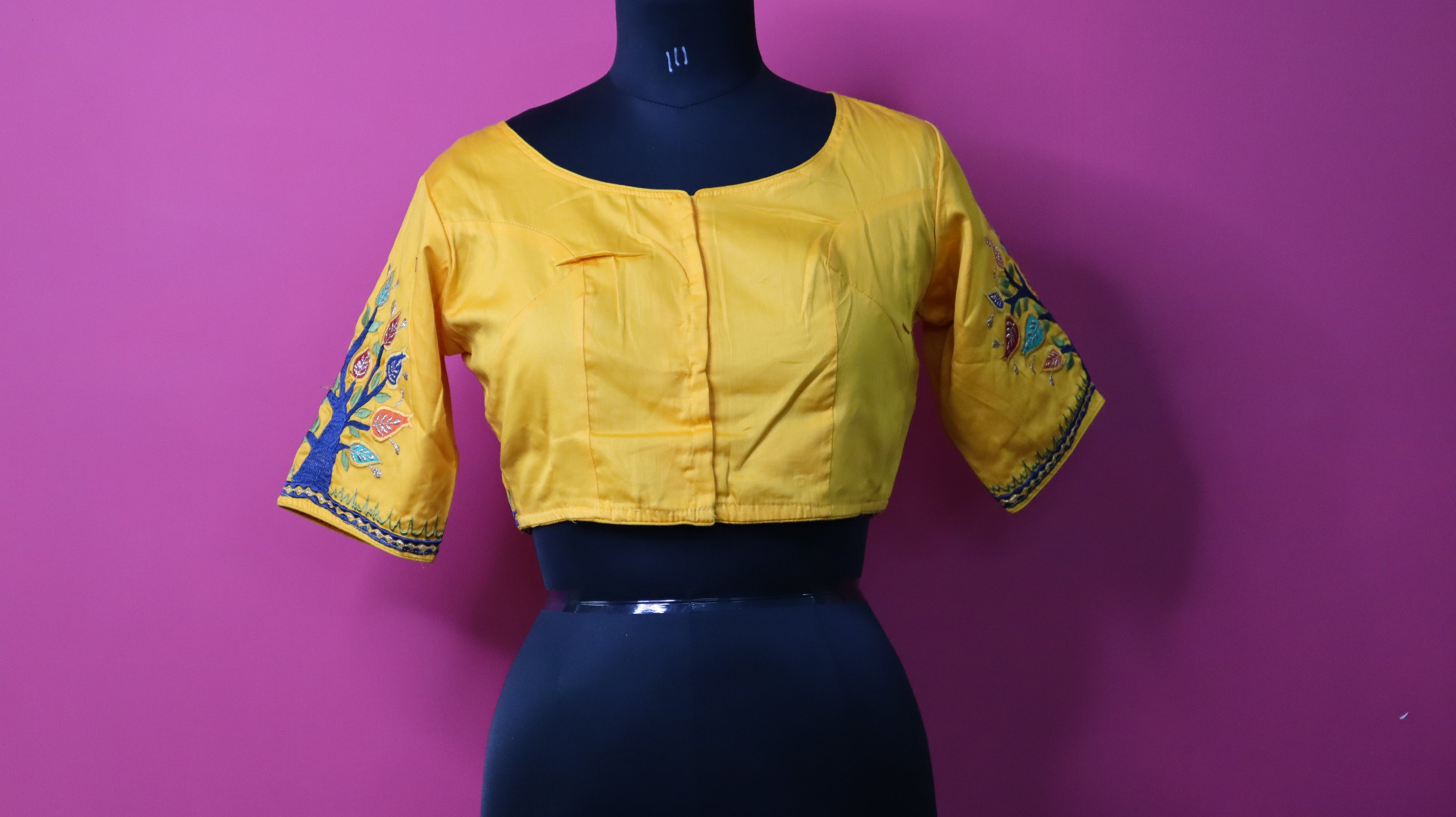 Yellow Tree of Life Embroidered Designer Saree Blouse for Women