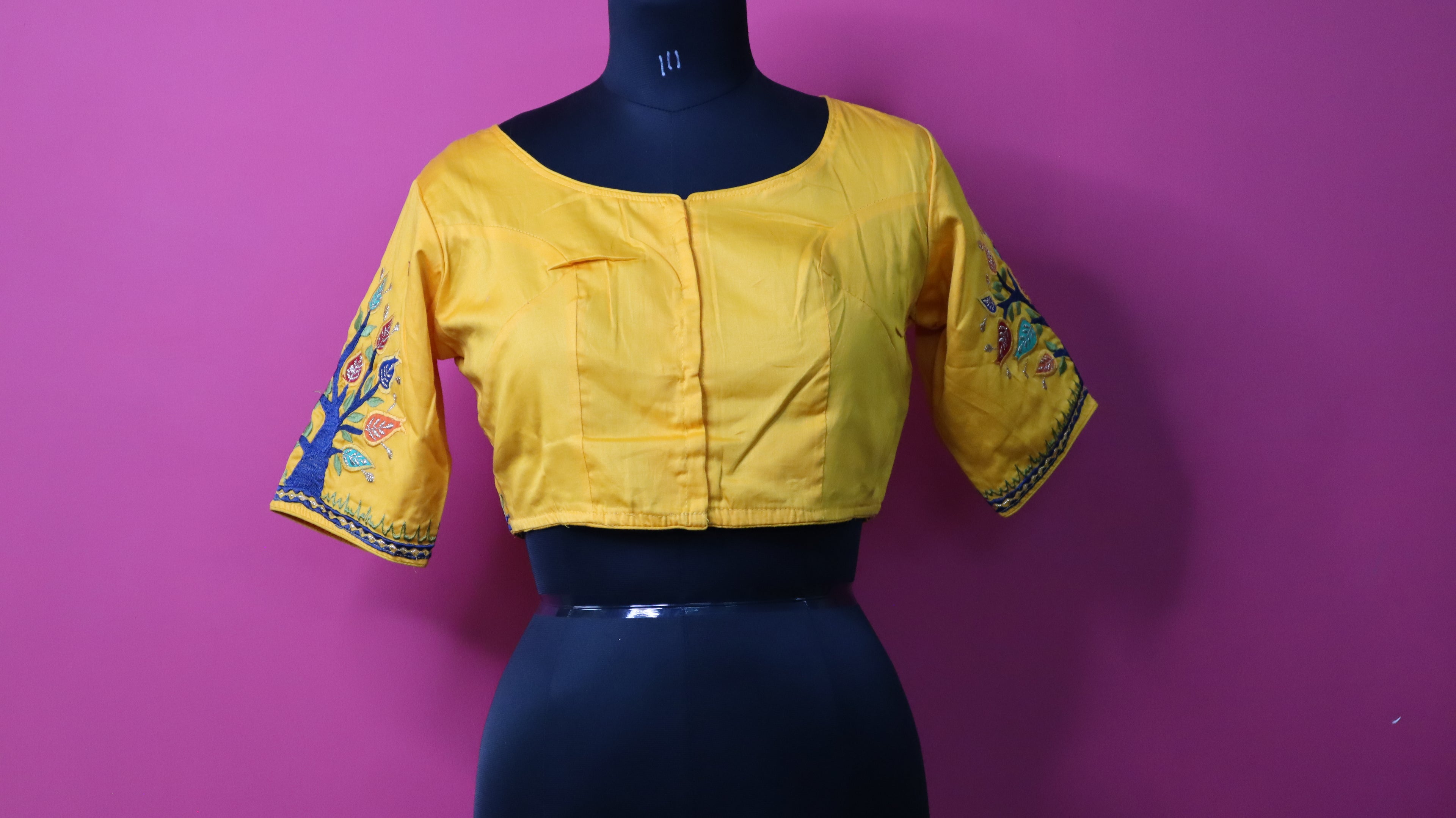 Yellow Tree of Life Embroidered Designer Saree Blouse for Women