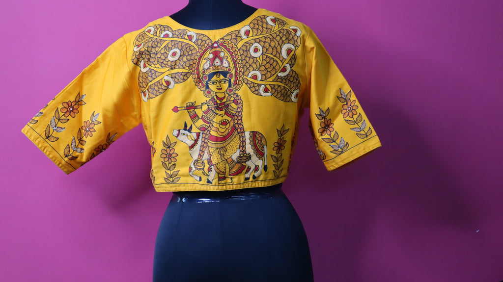 Yellow Hand-Painted Krishna Designer Saree Blouse for Women