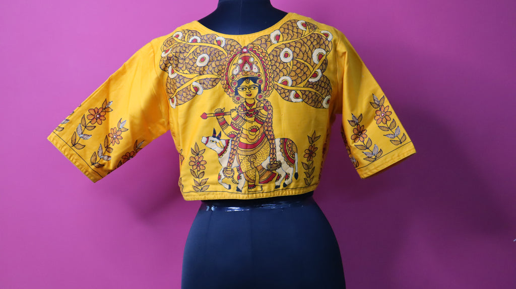 Yellow Hand-Painted Krishna Designer Saree Blouse for Women