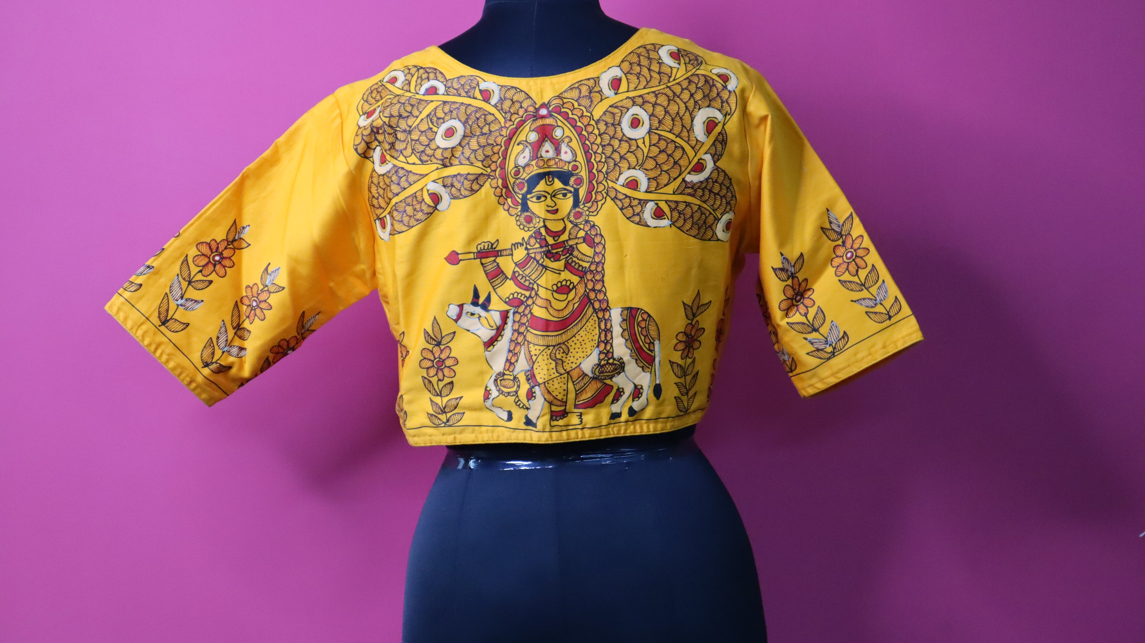 Yellow Hand-Painted Krishna Designer Saree Blouse for Women