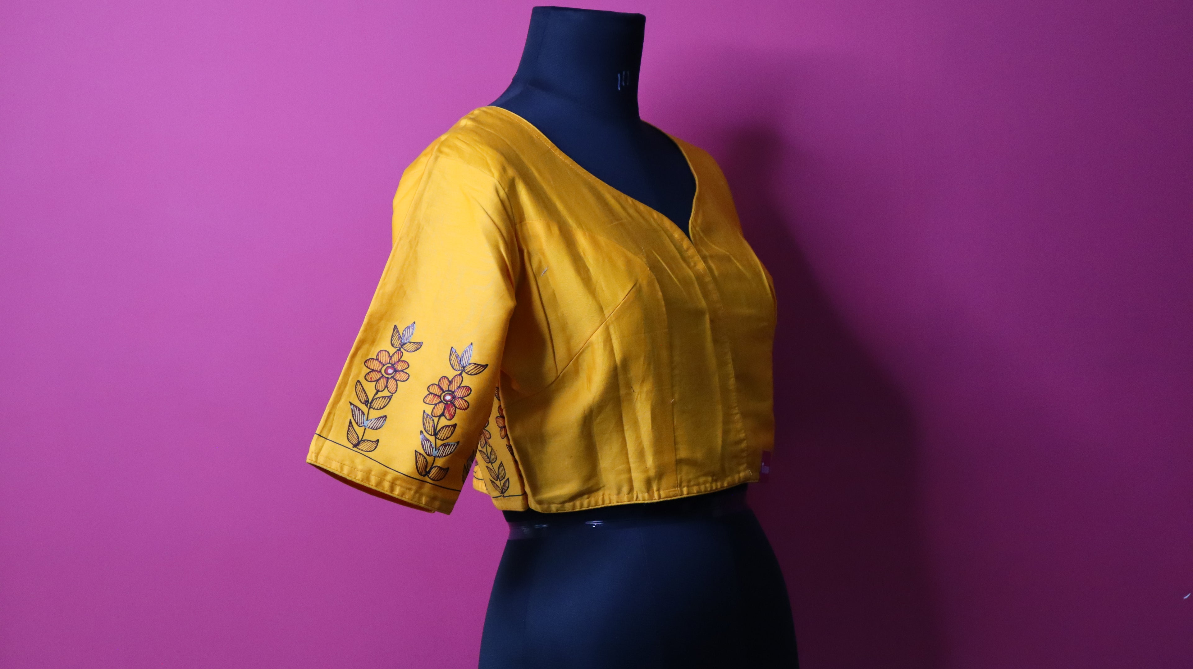 Yellow Hand-Painted Krishna Designer Saree Blouse for Women