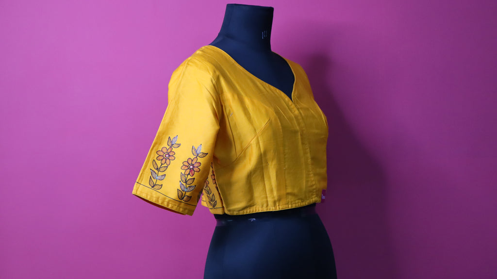 Yellow Hand-Painted Krishna Designer Saree Blouse for Women