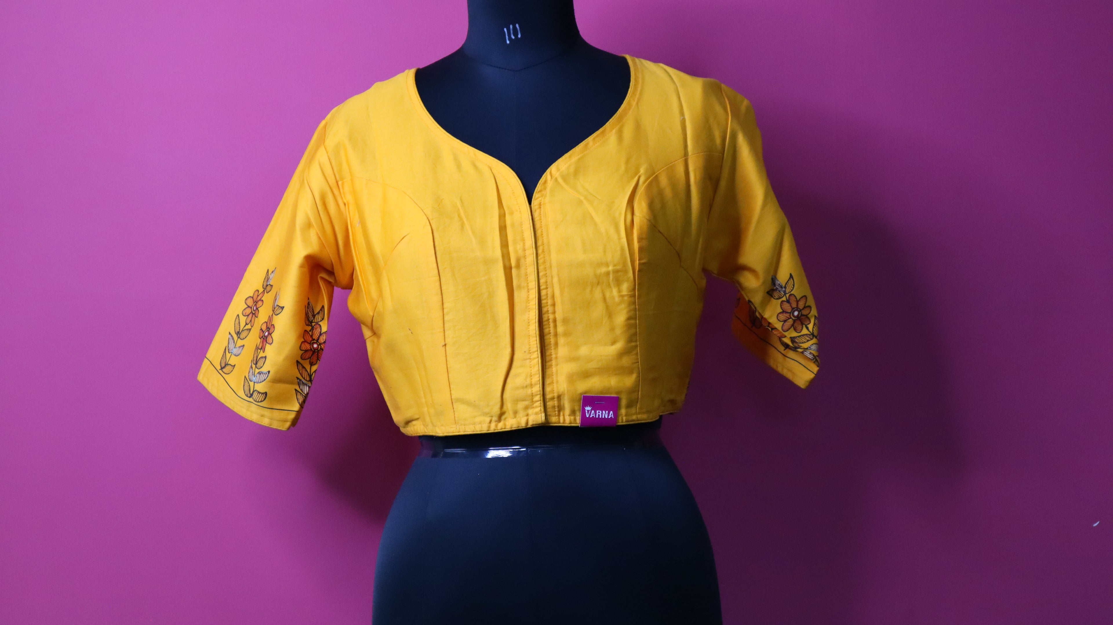 Yellow Hand-Painted Krishna Designer Saree Blouse for Women