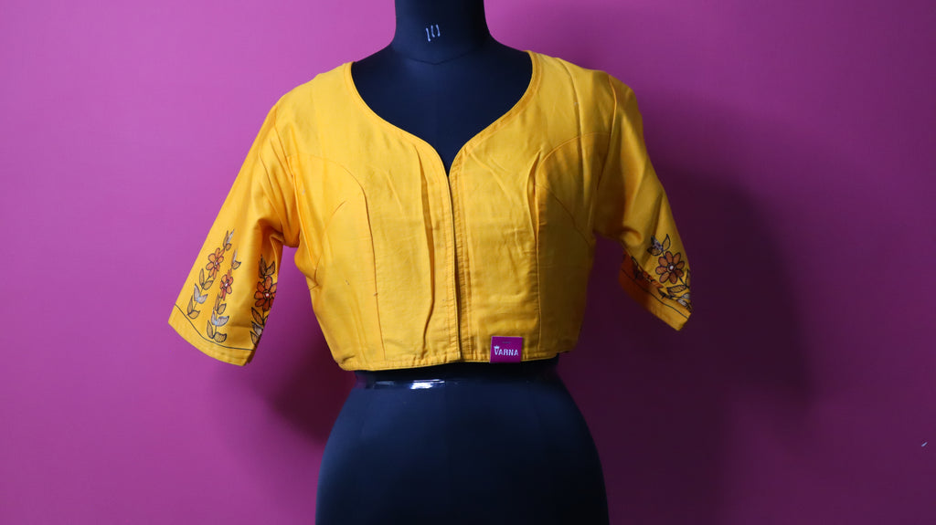 Yellow Hand-Painted Krishna Designer Saree Blouse for Women