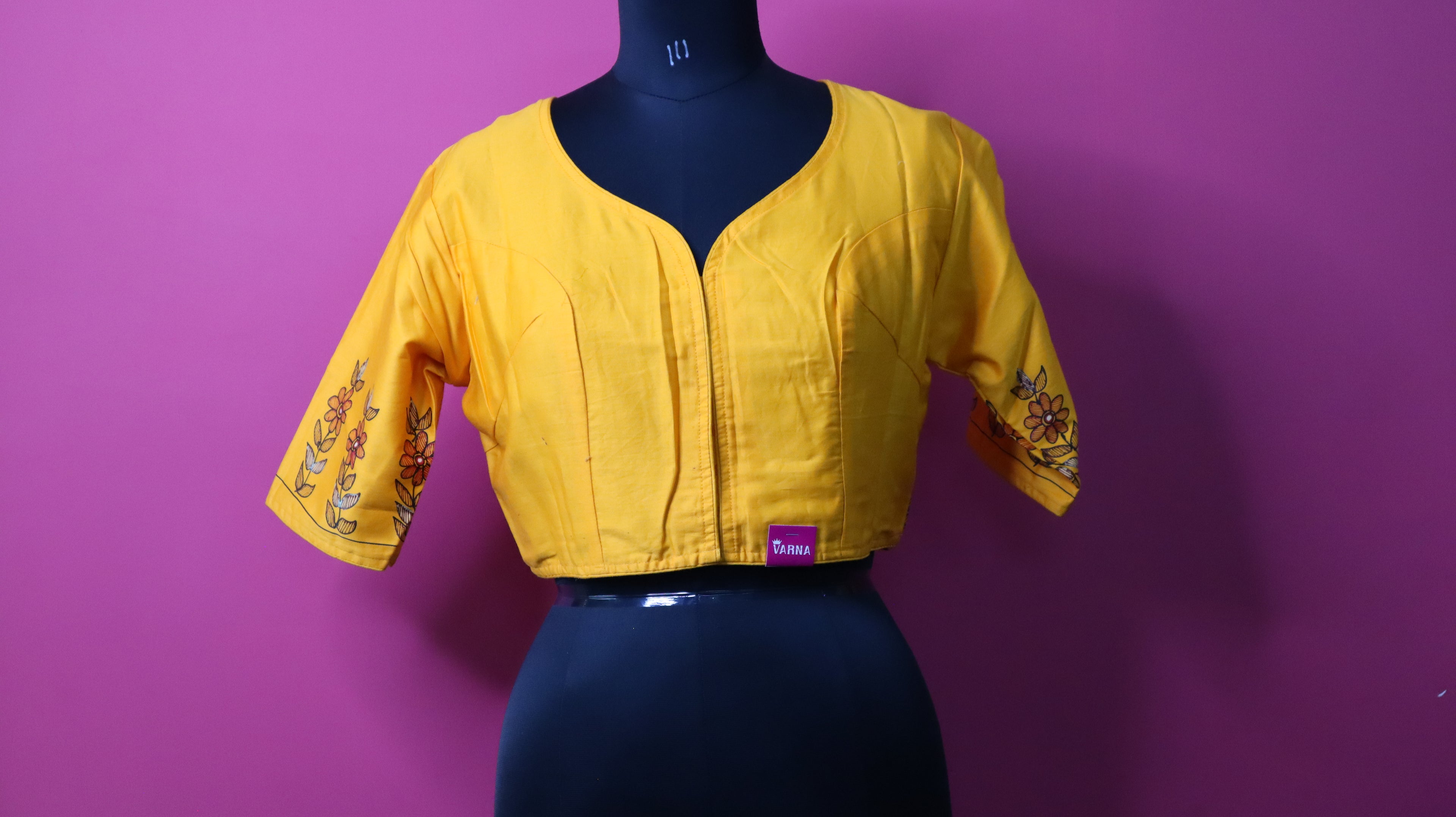 Yellow Hand-Painted Krishna Designer Saree Blouse for Women