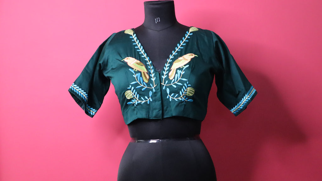 Dark Green Embroidered Designer Blouse for Women | Bird Motif Ethnic Readymade Blouse