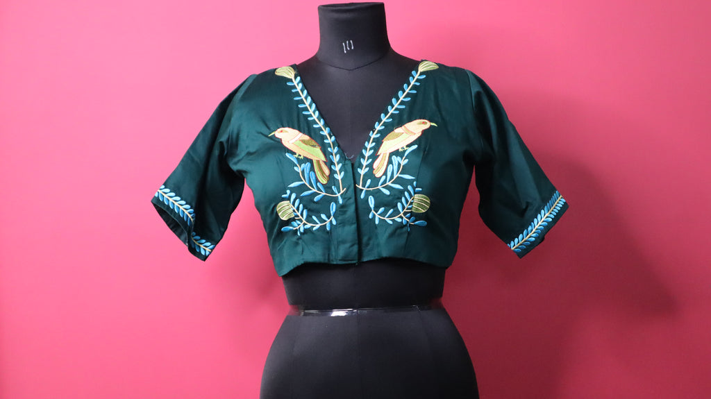 Dark Green Embroidered Designer Blouse for Women | Bird Motif Ethnic Readymade Blouse