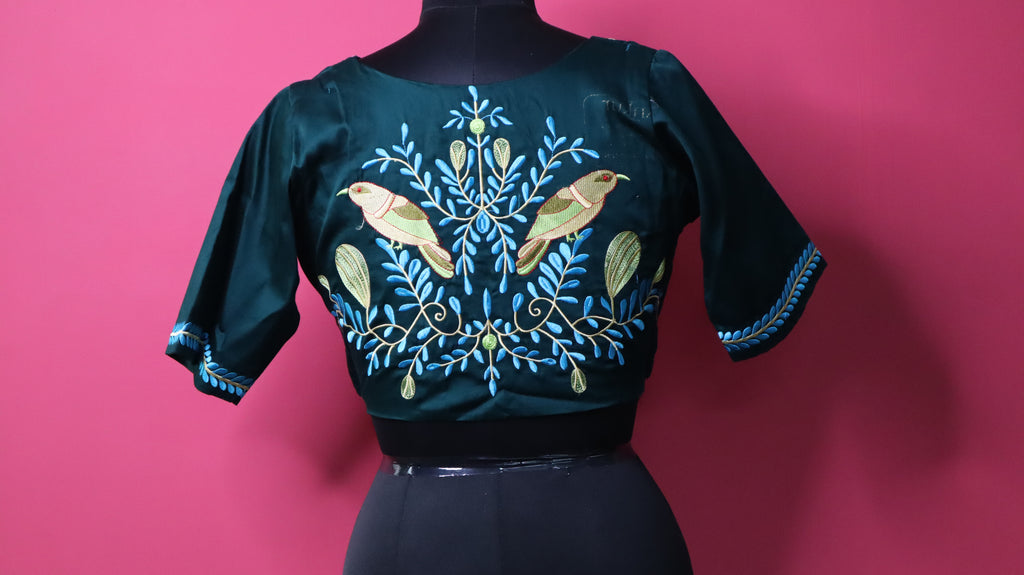 Dark Green Embroidered Designer Blouse for Women | Bird Motif Ethnic Readymade Blouse